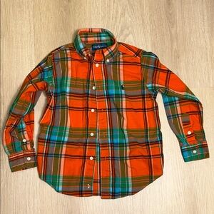 Ralph Lauren Boy’s Orange Green Blue Plaid Button Down Shirt size 5 100% Cotton